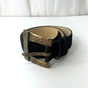 Guy Montague Genuine Leather Belt Large Brass Metal Buckle Vintage 80s 90s USA M